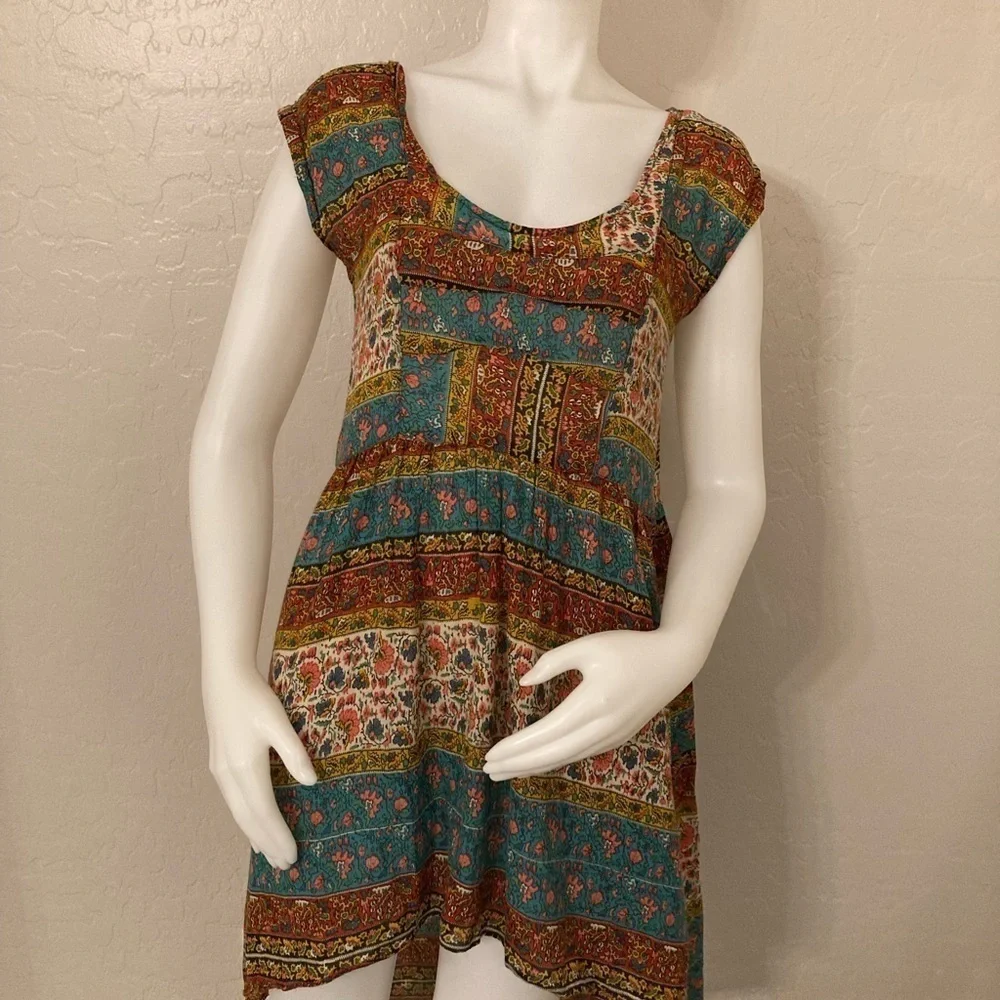 Free People Short Sleeve Coastal Tectonics Dress Boho High Low Sheer Overlay XS